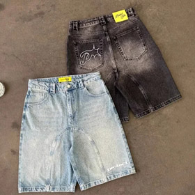 Protect Embroidered Loose Harajuku Washed Denim Shorts-4926  